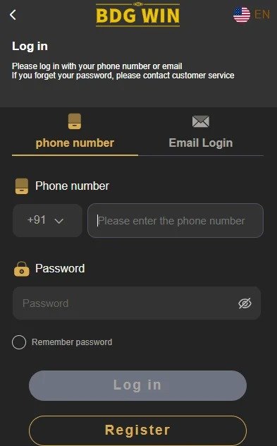 BDG Game Login page